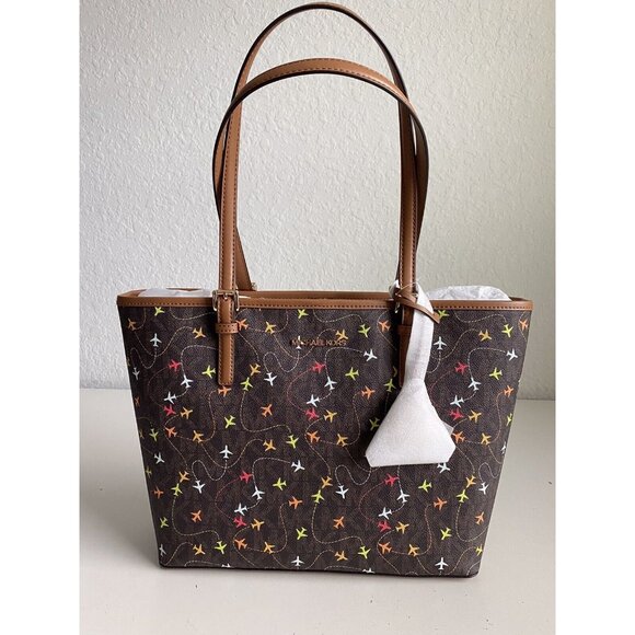 Michael Kors Jet Set Brown MultiColor Airplane Print Carryall Tote Purse Bag NEW - Picture 1 of 13